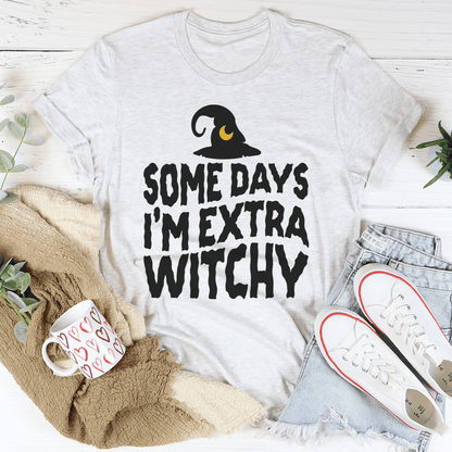 Ash colored extra witchy cotton graphic T-shirt with a playful witch-themed design.