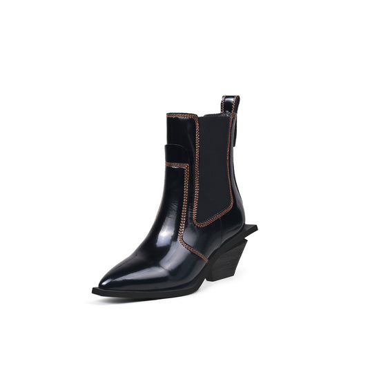 Stitch Pattern Black Leather Boots-1