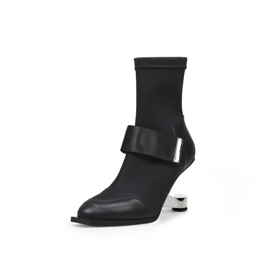 Strap Leather Sock Heel Boots-1