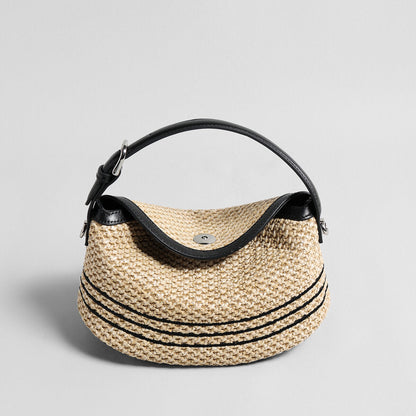 Striped Woven Straw Hobo Bag – Marte Grass Leather Trim Crossbody with Dual Straps-0