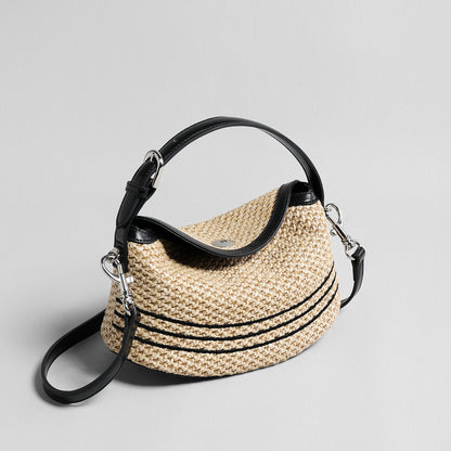 Striped Woven Straw Hobo Bag – Marte Grass Leather Trim Crossbody with Dual Straps-1