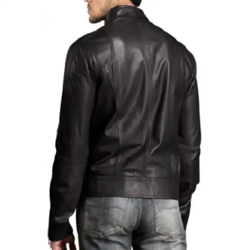 Men’s Leather Stand Collar Bomber Jacket-1