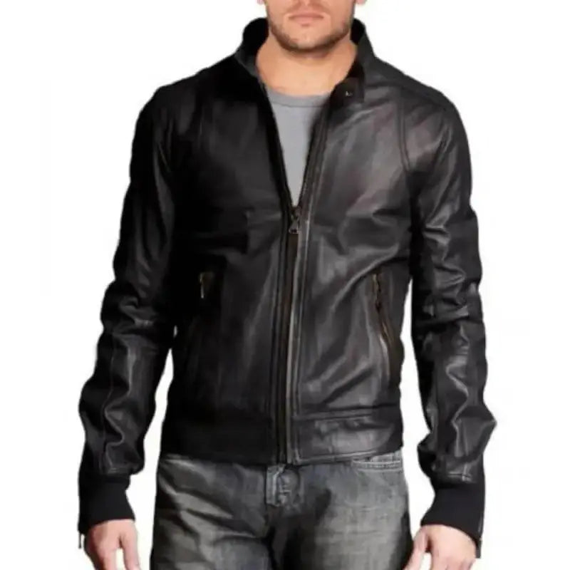 Men’s Leather Stand Collar Bomber Jacket-0
