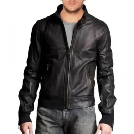 Men’s Leather Stand Collar Bomber Jacket-0