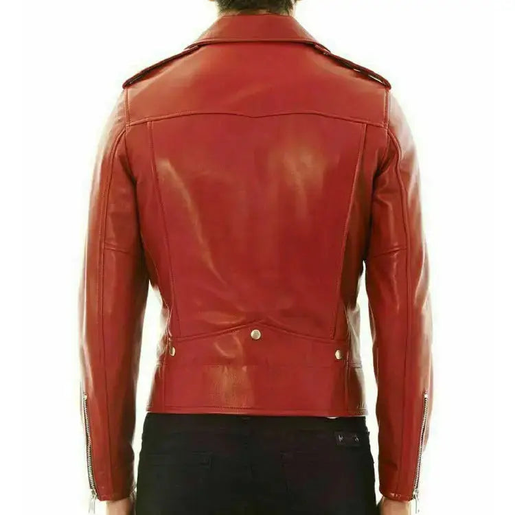 Men's Stylish Red Genuine Leather Biker Jacket-1