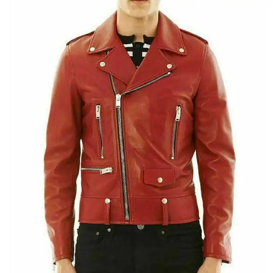Men's Stylish Red Genuine Leather Biker Jacket-0
