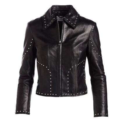 Women’s Cropped Studded Leather Biker Jacket