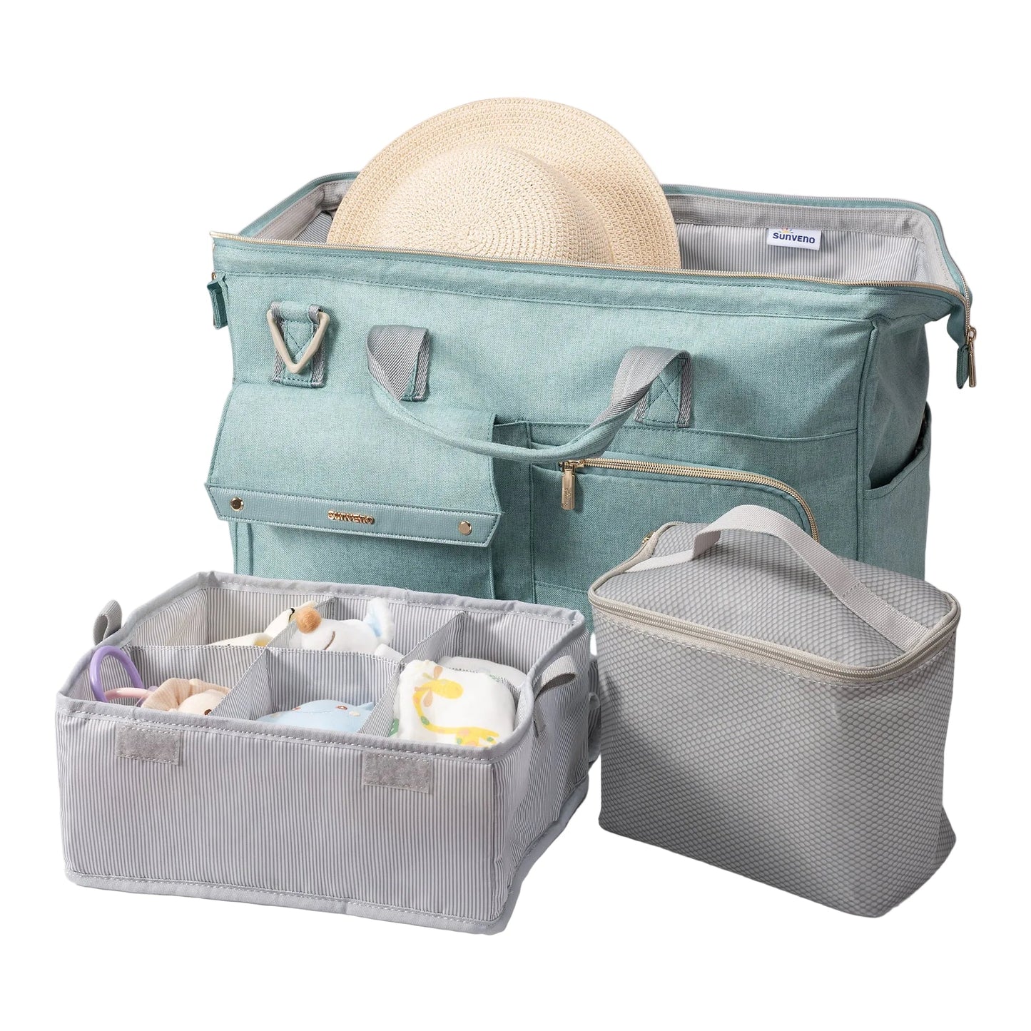 Green tote shown with the clothes organizer, the wet bag and a straw hat.