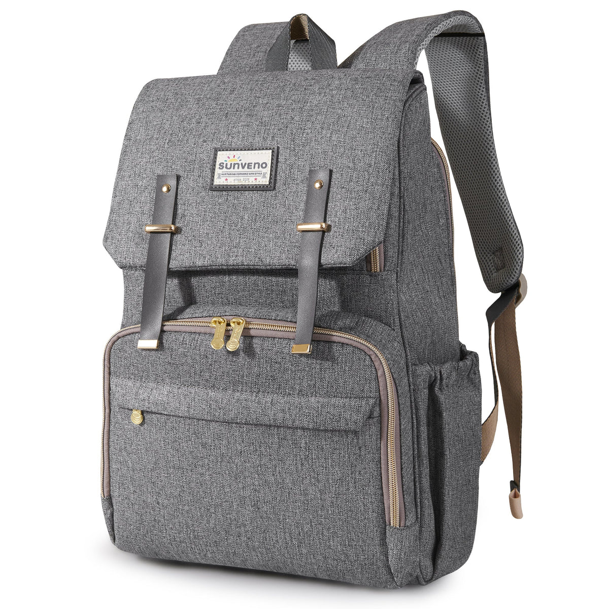 Gray canvas diaper backpack with leather straps and a bottle in the side pocket.