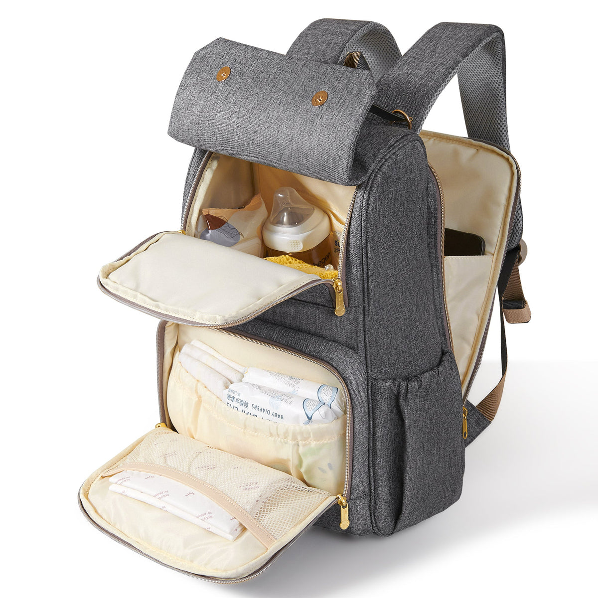 Canvas backpack with the front panel folded down showing diapers and a bottle inside.