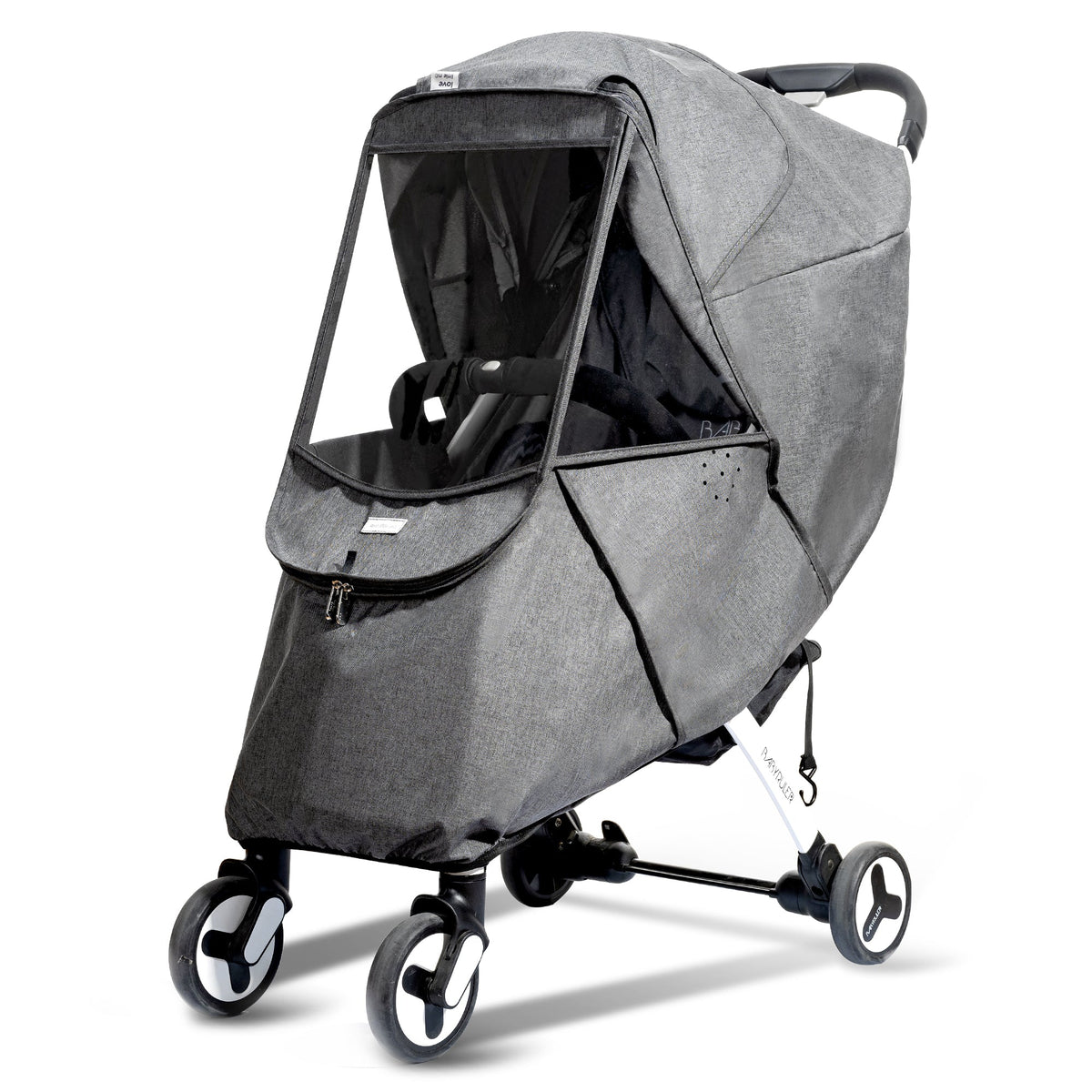 Gray stroller cover fitted over a stroller with the clear window at the front.