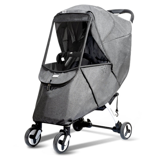 Gray stroller cover fitted over a stroller with the clear window at the front.