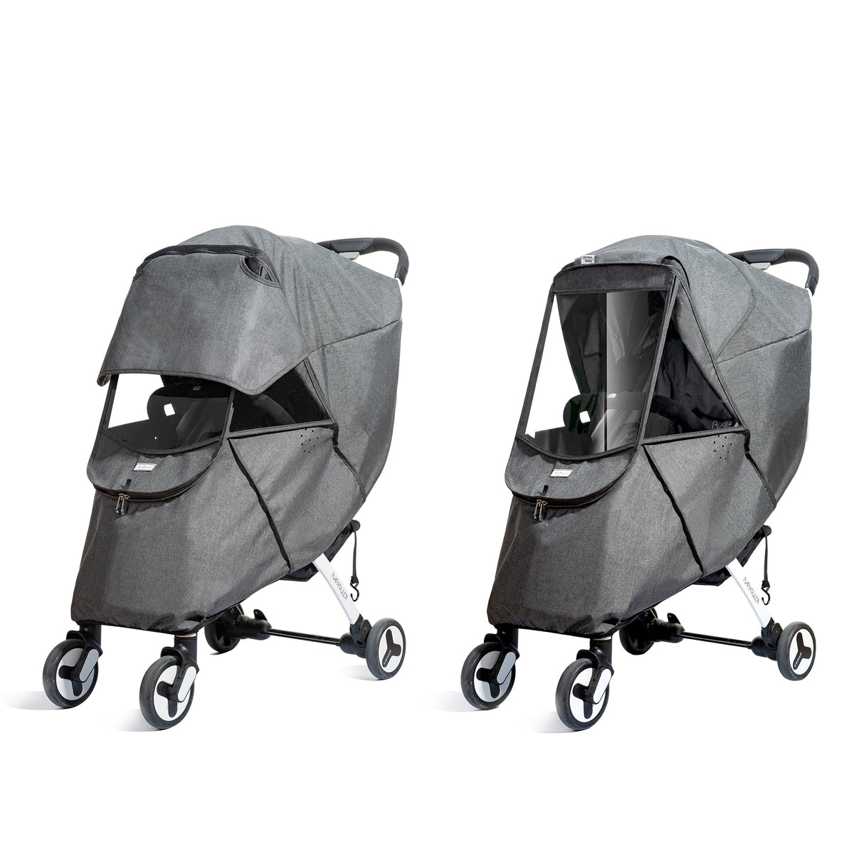 Stroller cover fitted from a three quarter angle showing the side ventilation.