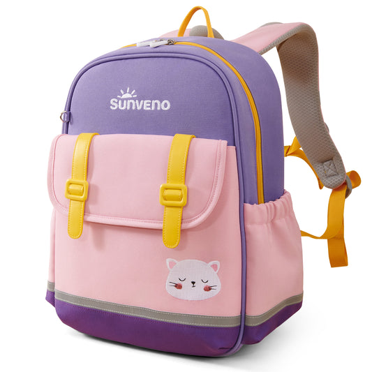 Kids waterproof backpack featuring a playful lion or cat design, durable SUNVENO backpack for children.