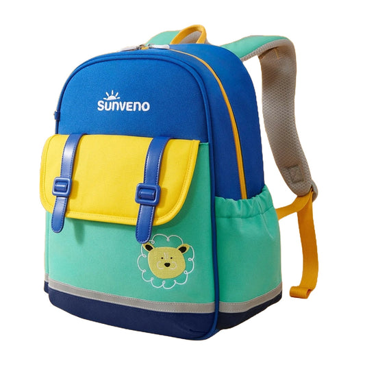 Kids waterproof backpack featuring a playful lion or cat design, durable SUNVENO backpack ideal for school and outdoor use.