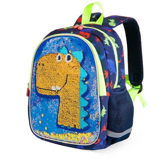 Kids dinosaur backpack with reversible sequins, SUNVENO brand, featuring colorful dinosaur design and adjustable straps.