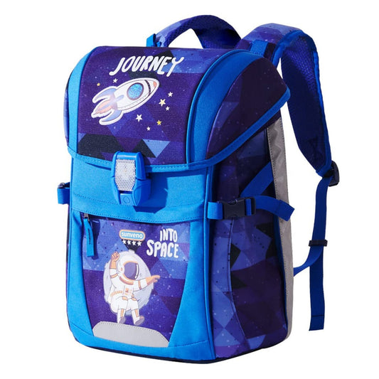 Kids school backpack by SUNVENO with spine protection and load reduction features, showing padded straps and spacious interior.