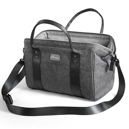 Light gray lightweight diaper tote with the adjustable shoulder strap.