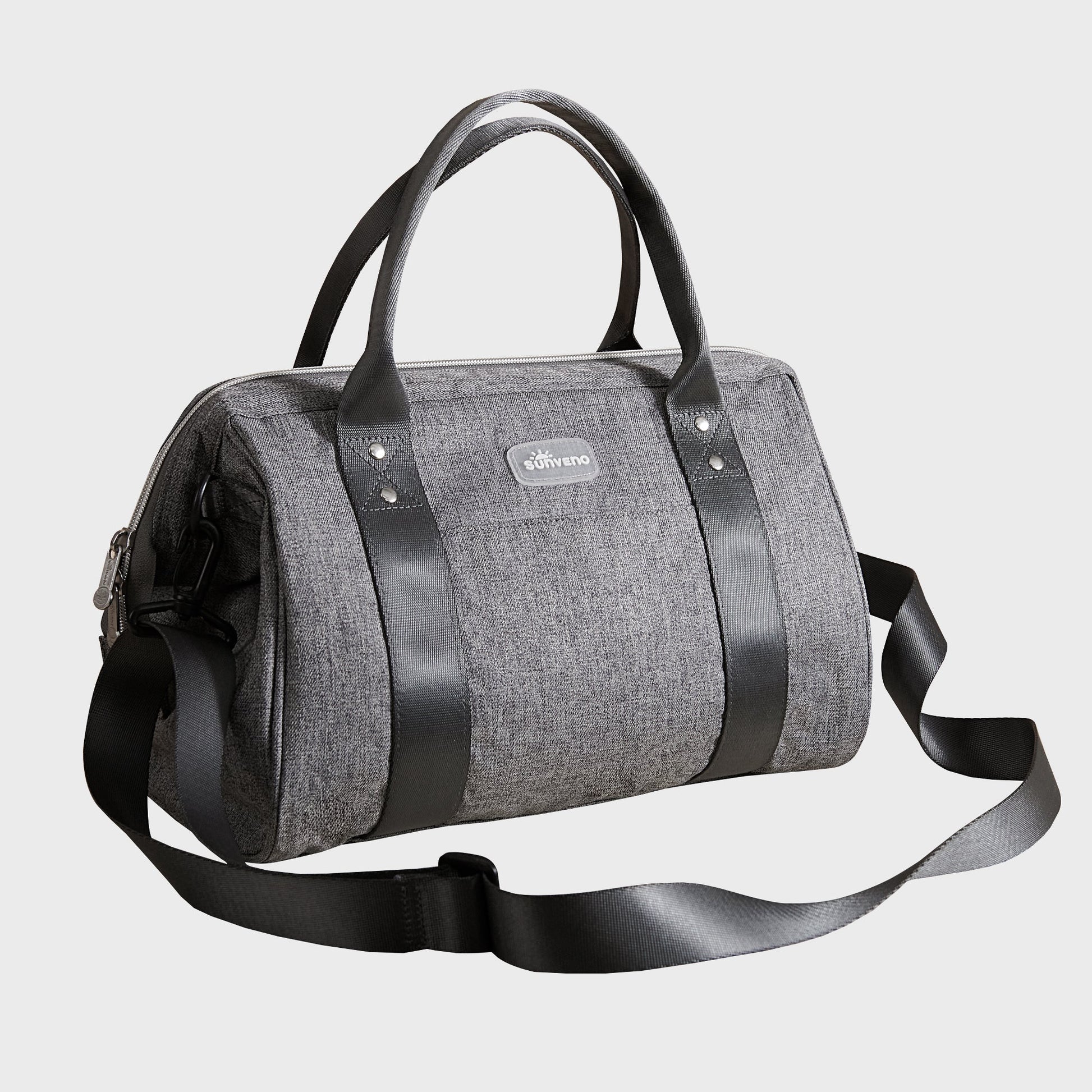 Lightweight diaper tote with one wide open mouth compartment.