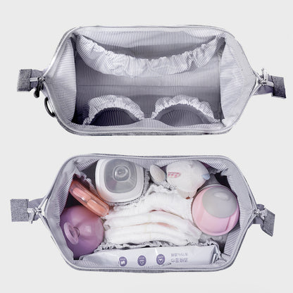 Lightweight diaper tote with four spare pockets and one insulated pocket.