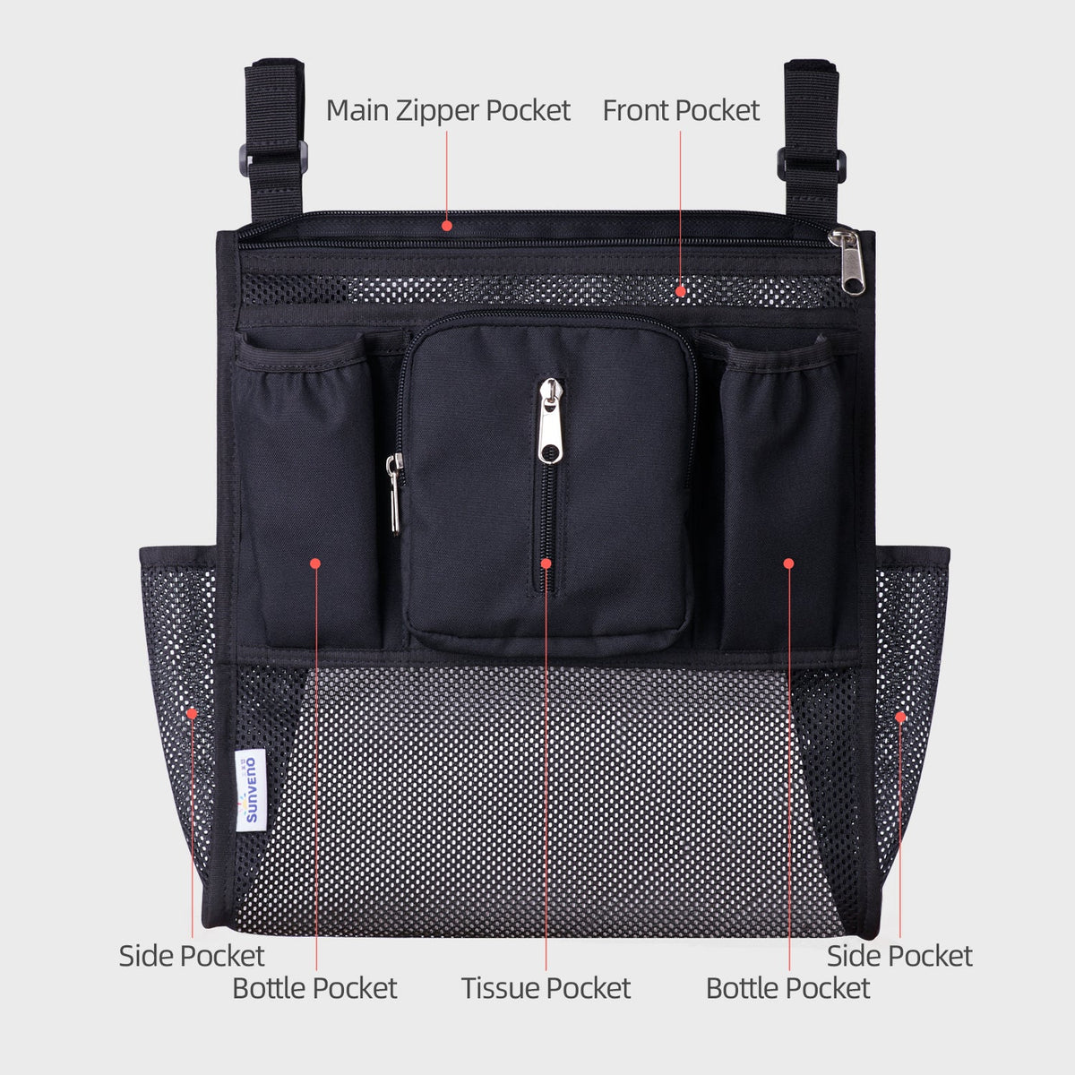Labeled diagram naming the main zipper pocket, front pocket, side pockets, bottle pockets and tissue pocket.