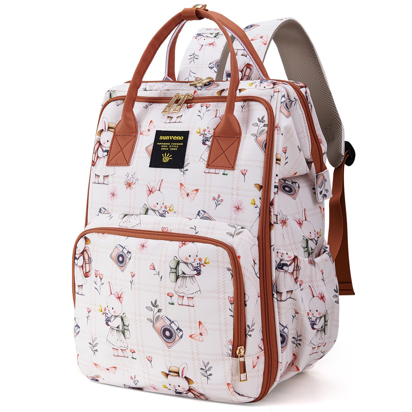 Printed diaper backpack with an anti theft pocket against the back panel.
