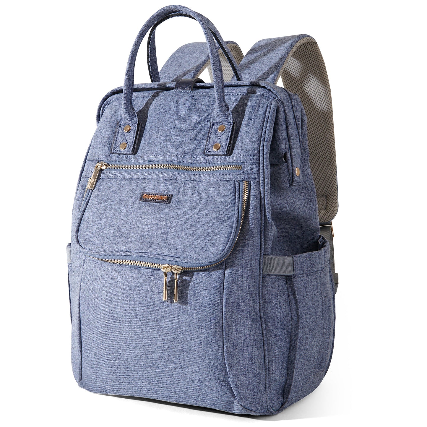Diaper backpack with the removable insulated bottle pockets fitted.