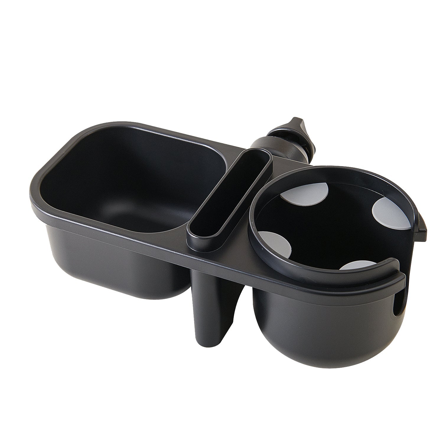 Black cup holder clamp with a cup ring and a snack well, shown on its own.