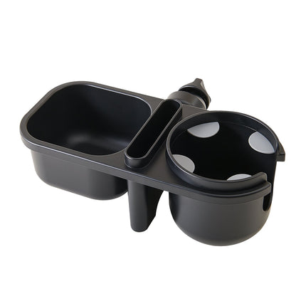 Black cup holder clamp with a cup ring and a snack well, shown on its own.