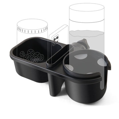 Outline diagram showing a cup, a phone and a tall water bottle in their positions on the tray.