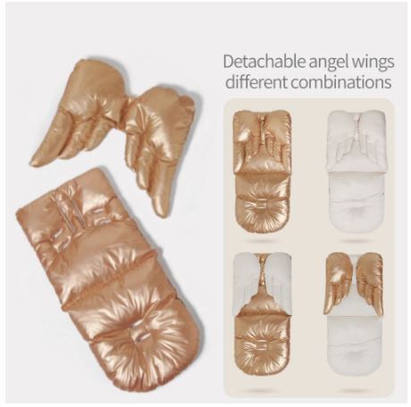 Gold cushion fitted into a stroller seat with the wings either side of the head.