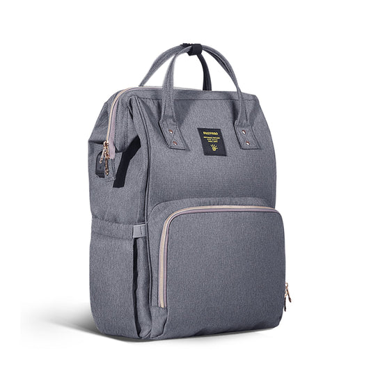 USB diaper backpack with thirteen pockets and three insulated bottle pockets.