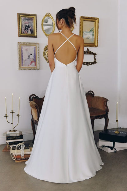 Wedding A-Line, Soft Satin, Draped Cowl Neckline with Spaghetti Straps-1
