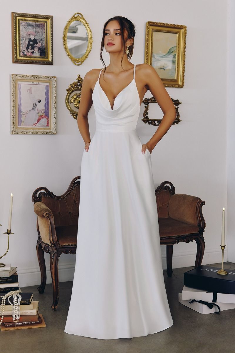 Wedding A-Line, Soft Satin, Draped Cowl Neckline with Spaghetti Straps-2