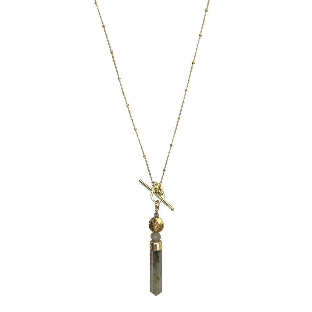 Labradorite lariat necklace on white, a satellite chain with a front toggle and a stone point