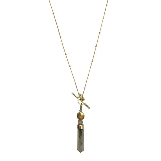 Labradorite lariat necklace on white, a satellite chain with a front toggle and a stone point