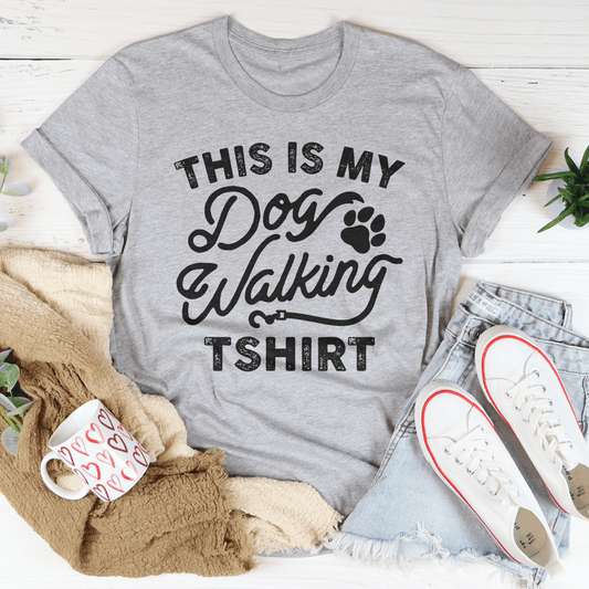 Unisex cotton dog walking T-shirt in athletic heather, printed slogan across the chest.