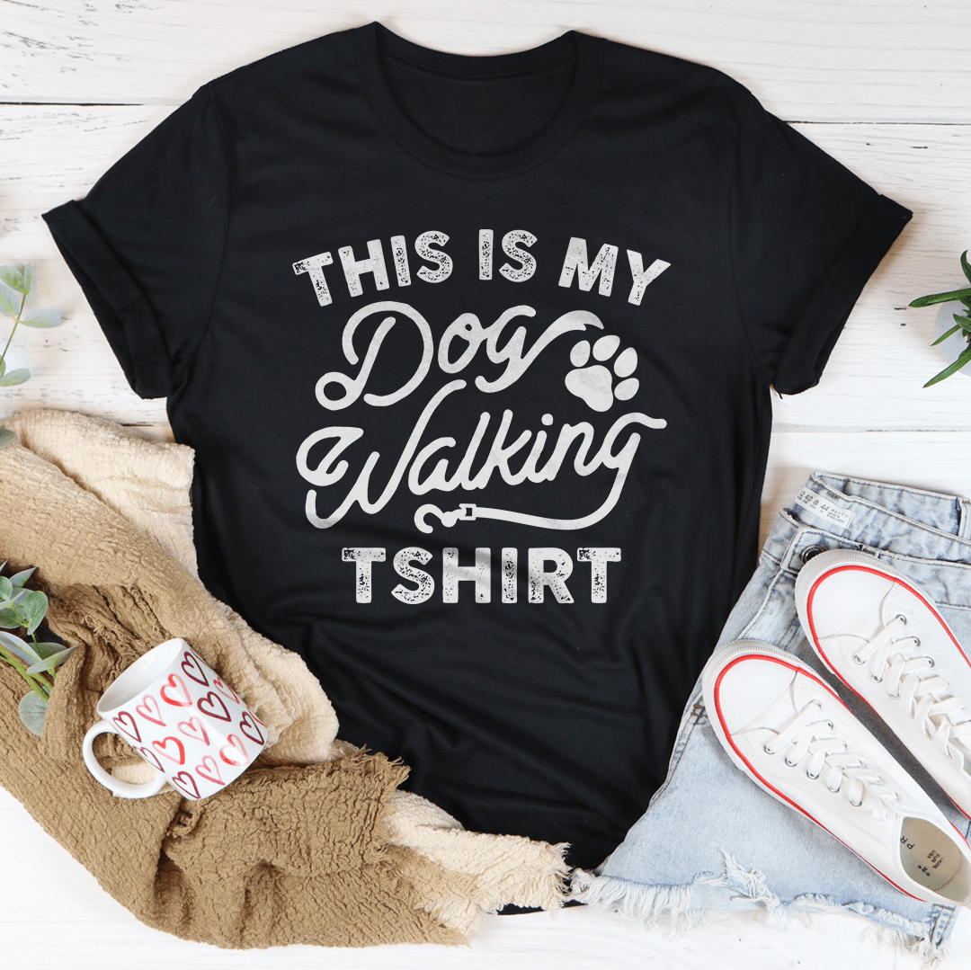 Unisex cotton dog walking T-shirt in black heather, printed slogan across the chest.