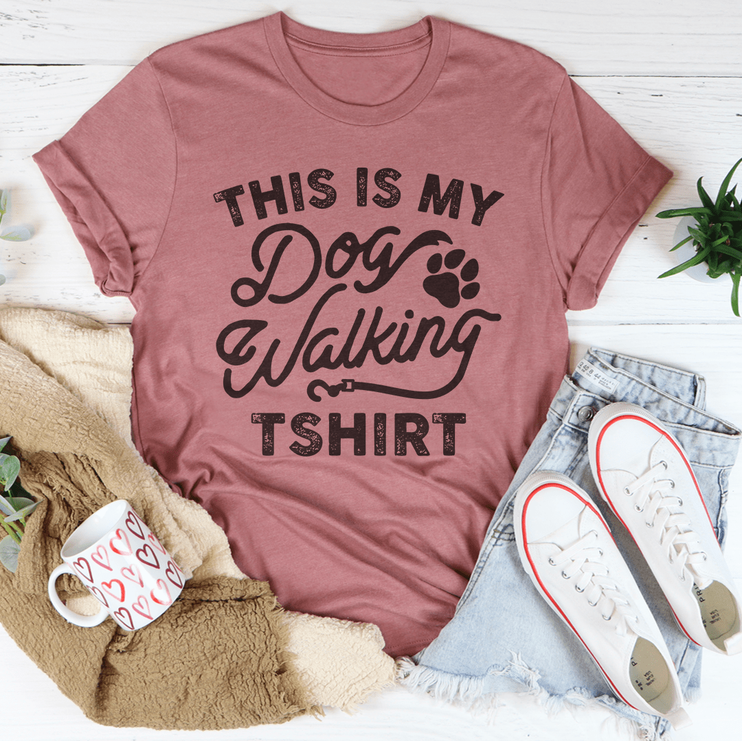 Unisex cotton dog walking T-shirt in mauve, printed slogan across the chest.