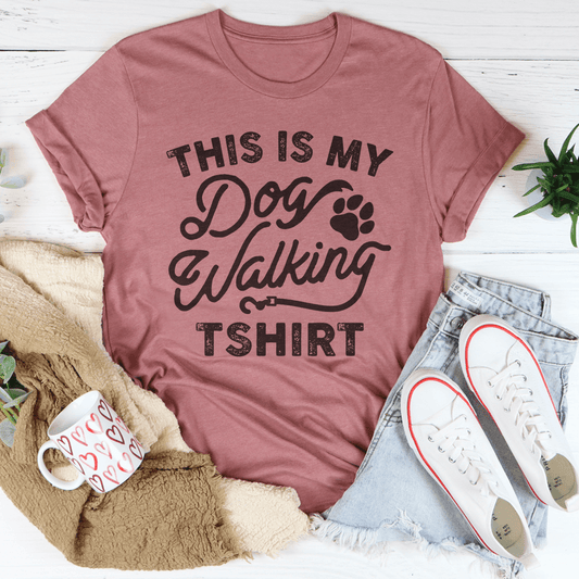 Unisex cotton dog walking T-shirt in mauve, printed slogan across the chest.