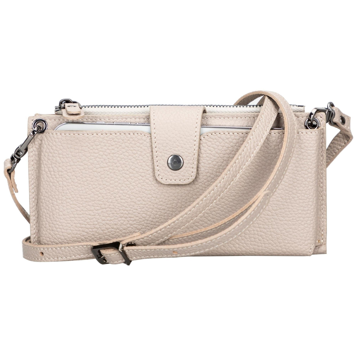 Crossbody phone wallet in Mink, a pale greige pebbled leather, with a matching strap