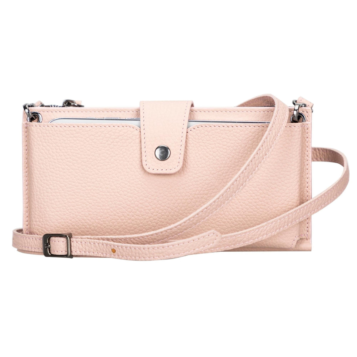 Crossbody phone wallet in Pink, a soft blush pebbled leather, with a matching strap