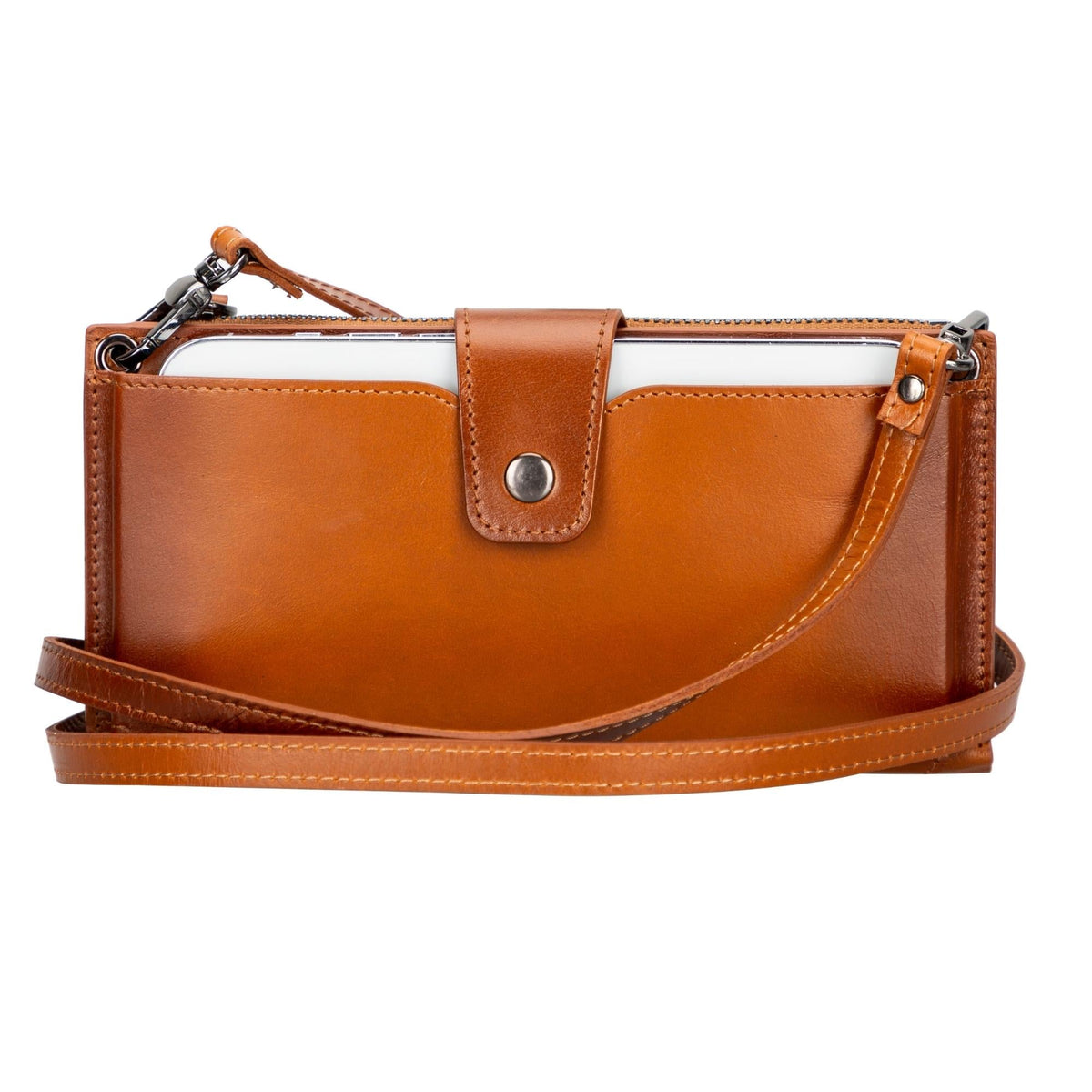 Tan leather crossbody phone wallet, the front with its snap tab and the strap draped beneath