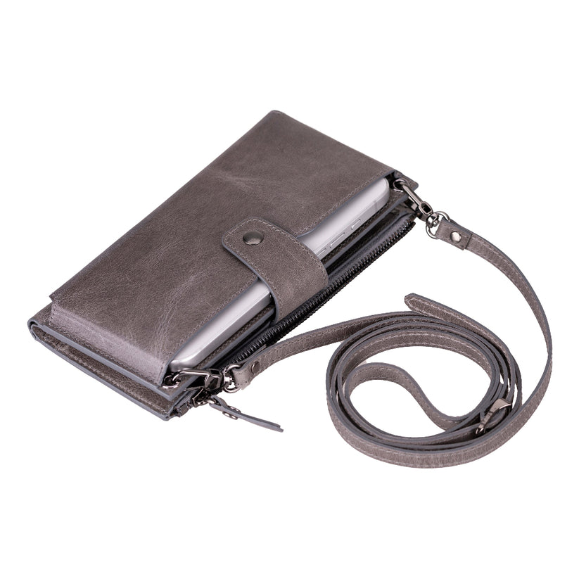 Crossbody phone wallet in gray leather with the adjustable strap clipped to both ends