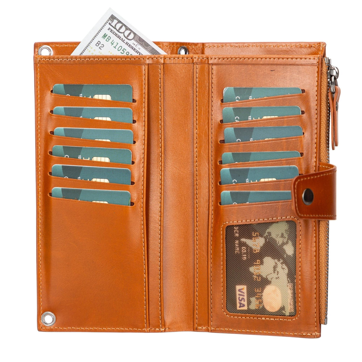 Tan phone wallet opened flat, rows of card slots, a clear ID window and bills in the back