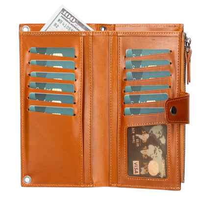 Tan phone wallet opened flat, rows of card slots, a clear ID window and bills in the back