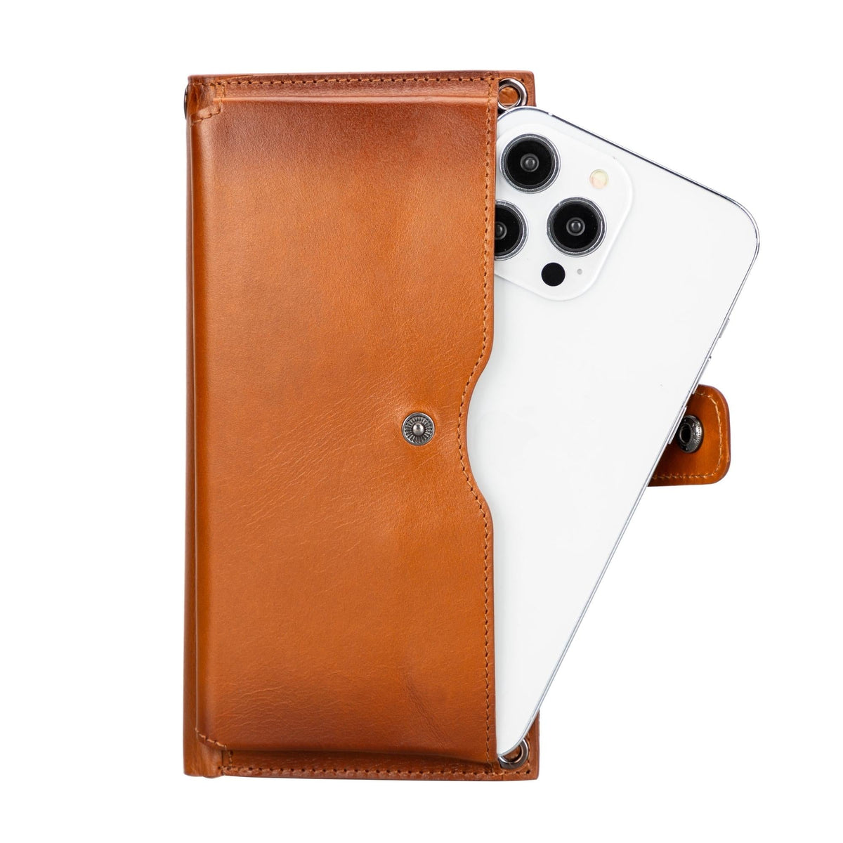 Tan phone wallet with an iPhone sliding into its snap phone pocket