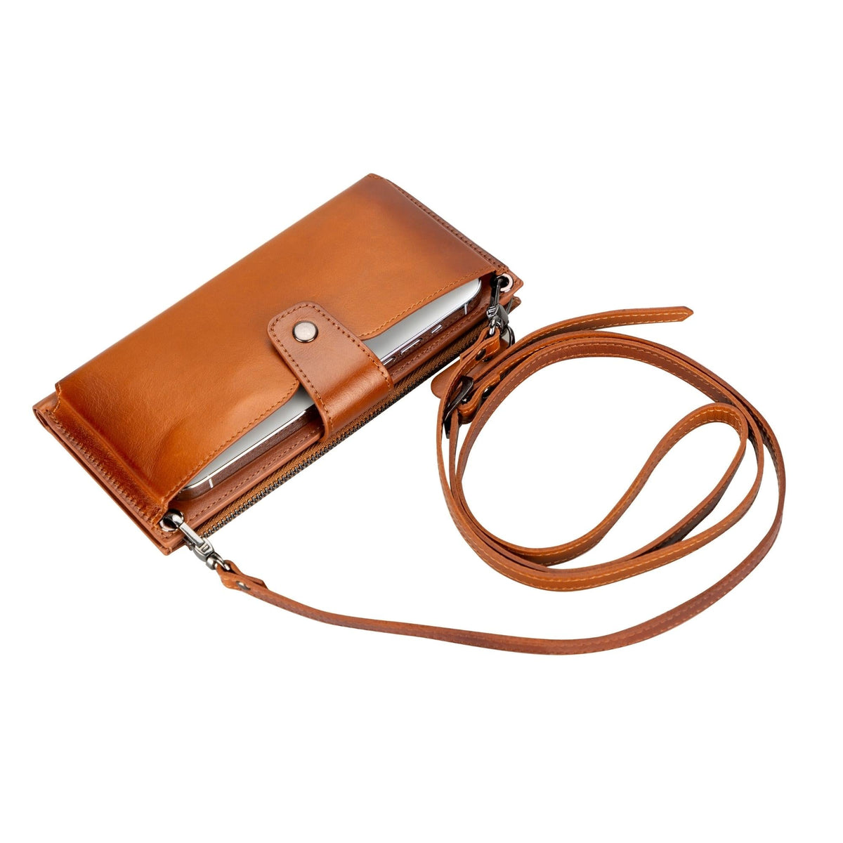 Tan crossbody phone wallet at an angle, the long leather strap looped in front