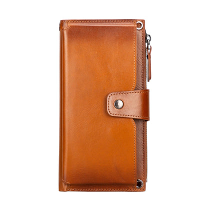 Tan phone wallet standing upright, the snap tab and side zip on view
