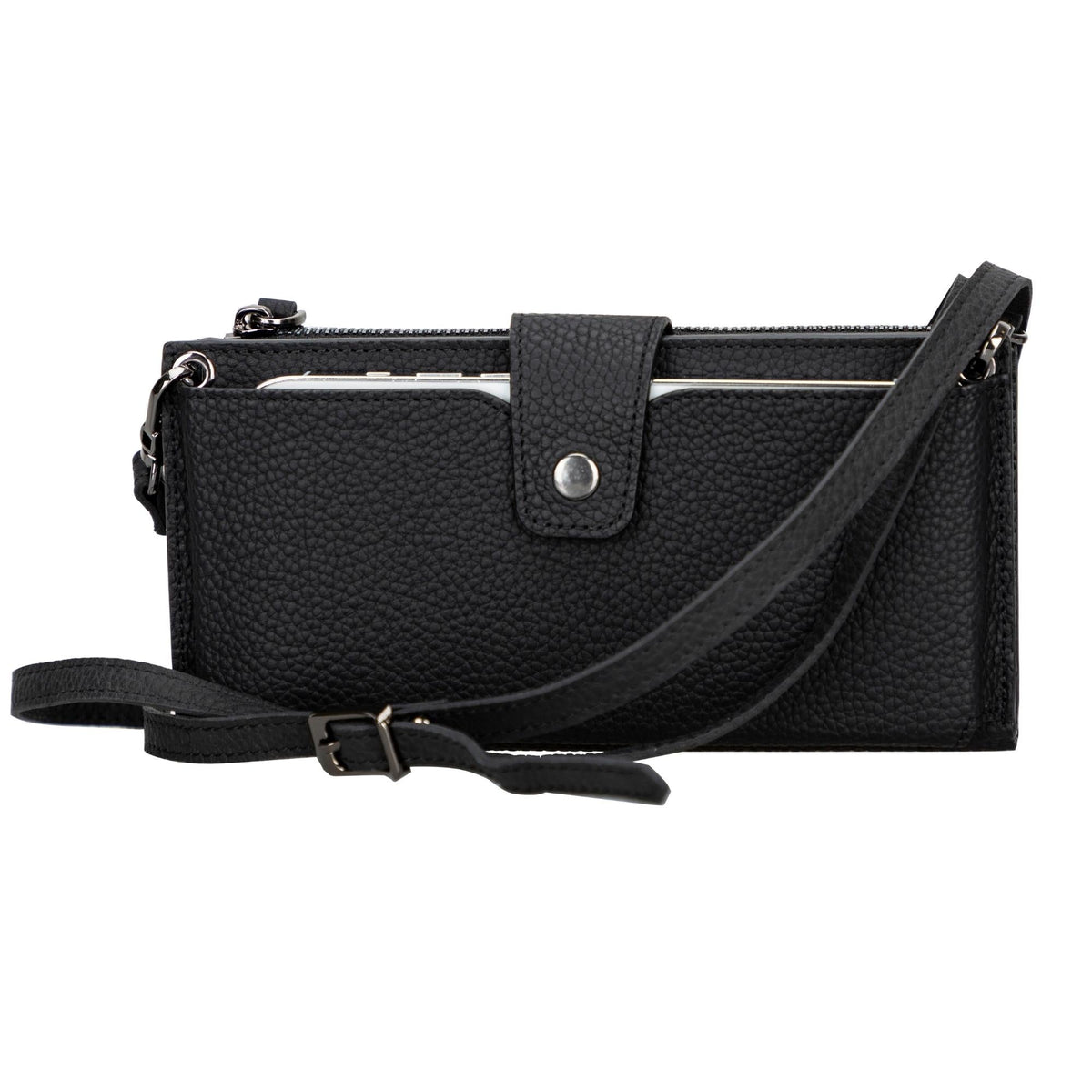 Crossbody phone wallet in black pebbled leather with a matching strap and snap tab